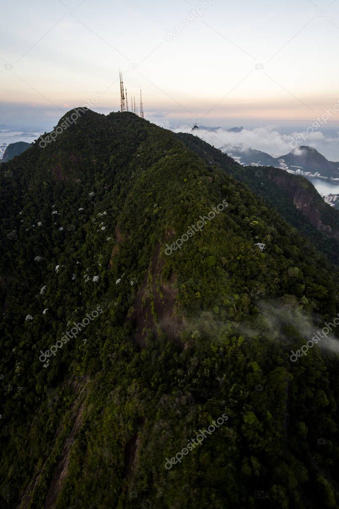 Aerial view from helicopter to mountains in Tijuca Forest, Rio d