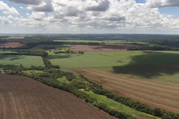 Luchtfoto van vliegtuig venster naar groene landbouw velden in — Stockfoto