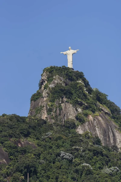 Statua del Cristo Redentore in cima al verde boscoso Corcovado Mo — Foto Stock