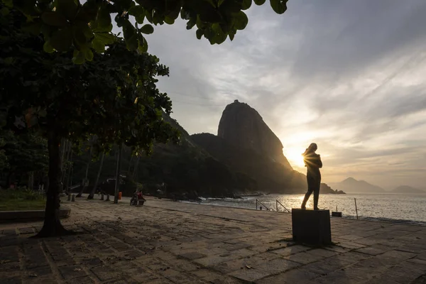 Krásný Výhled Východ Slunce Sochy Pláže Oceán Hory Rio Janeiro — Stock fotografie