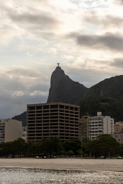 Gyönyörű Kilátás Krisztus Megváltó Szobra Corcovado Mountain Botafogo Beach Rio — Stock Fotó