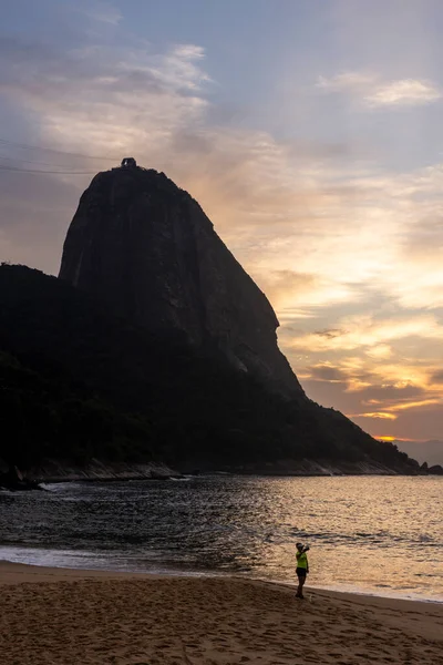 Bela Vista Para Montanha Pão Açúcar Durante Nascer Sol Praia — Fotografia de Stock