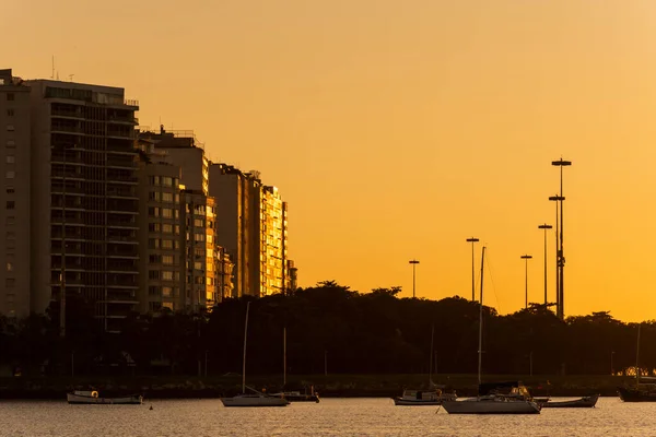 Hermosa Luz Del Amanecer Vista Los Barcos Edificios Praia Botafogo — Foto de Stock