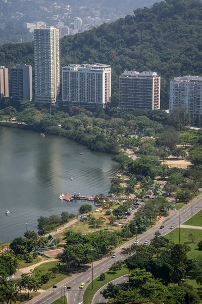 Kilátás Zöld Táj Lagúna Erdő Épületek Rio Janeiro Brazília — Stock Fotó