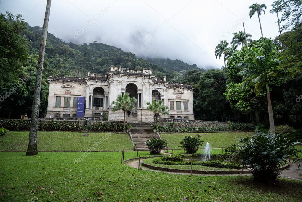 Beautiful view to old historic mansion house in the rainforest Lage Park in Tijuca Forest, Rio de Janeiro, Brazil