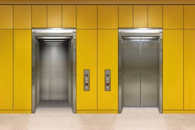 Krom metal ofis asansör kapıları. Açık ve kapalı varyant. Gerçekçi vektör illüstrasyonu sarı duvar panelleri ofis asansörü.