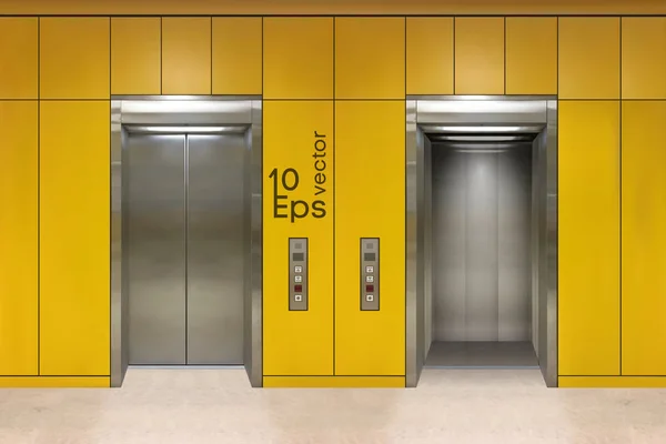 Chrome puertas de ascensor edificio de oficinas de metal. Variante abierta y cerrada. vector realista ilustración paneles de pared amarilla edificio de oficinas ascensor . — Vector de stock