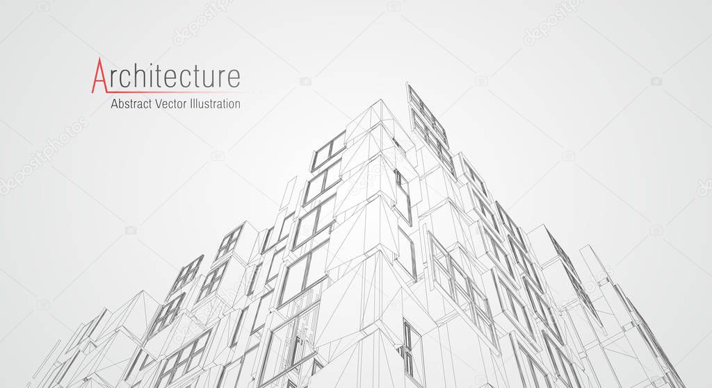 Modern architecture wireframe. Concept of urban wireframe. Wireframe building illustration of architecture CAD drawing.