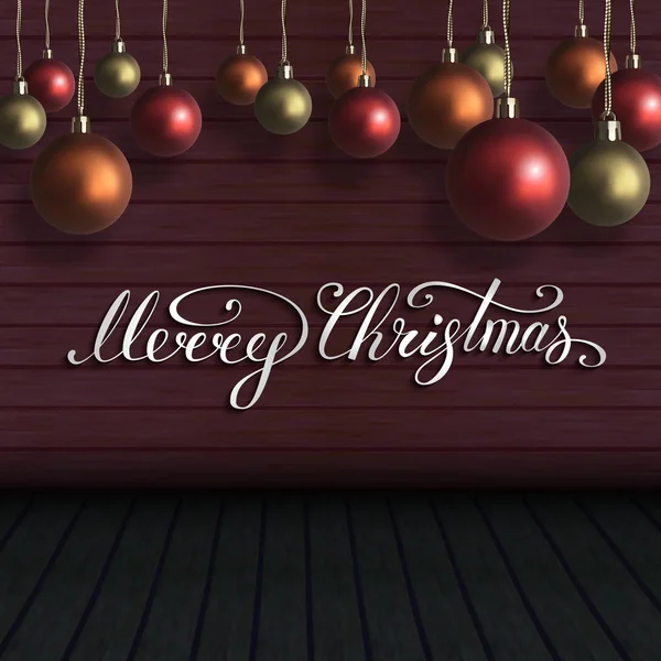 Feliz Natal lettering com vermelho, laranja, bolas de Natal de ouro na parede de madeira. Composição de Ano Novo. Ilustração vetorial — Vetor de Stock