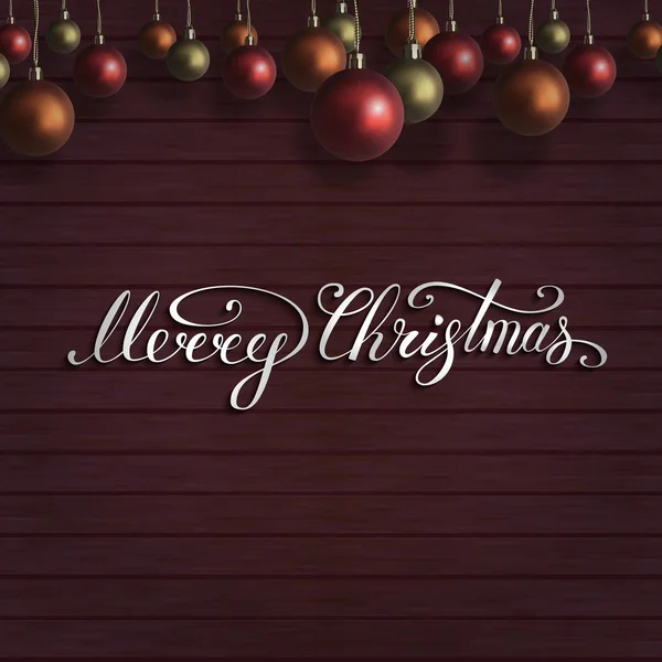 Frohe Weihnachten Schriftzug mit roten, orangen, goldenen Weihnachtskugeln an der Holzwand. Neujahrskomposition. Vektorillustration — Stockvektor