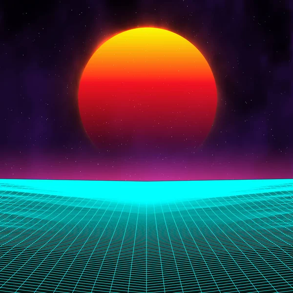 Fondo retro paisaje futurista estilo de los años 80. Superficie cibernética digital de paisaje retro. Retro álbum de música cubierta plantilla sol, espacio, montañas. 80s Retro Sci-Fi fondo paisaje de verano. — Vector de stock