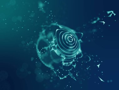 Soyut mavi 3d aydınlatmalı kafes küre bozuk. Neon işareti. Fütüristik teknoloji Hud öğesi. Zarif soyut küre yok. Büyük veri görselleştirme .