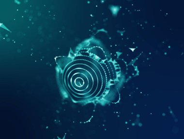 Soyut mavi 3d aydınlatmalı kafes küre bozuk. Neon işareti. Fütüristik teknoloji Hud öğesi. Zarif soyut küre yok. Büyük veri görselleştirme .