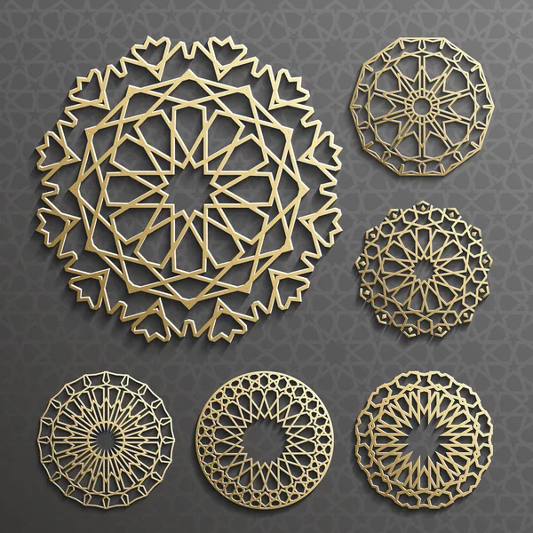 Vettore dell'ornamento islamico, motivo persiano. Elementi 3d ramadan modello rotondo. Set modello logo geometrico. Simboli arabi ornamentali circolari   . — Vettoriale Stock