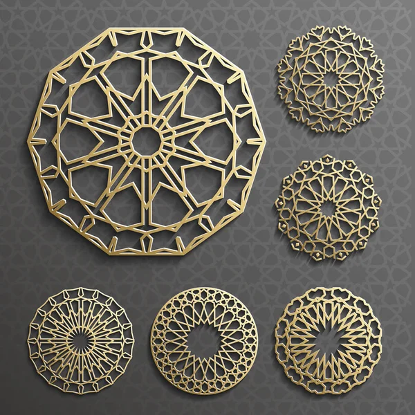 Vettore dell'ornamento islamico, motivo persiano. Elementi 3d ramadan modello rotondo. Set modello logo geometrico. Simboli arabi ornamentali circolari   . — Vettoriale Stock