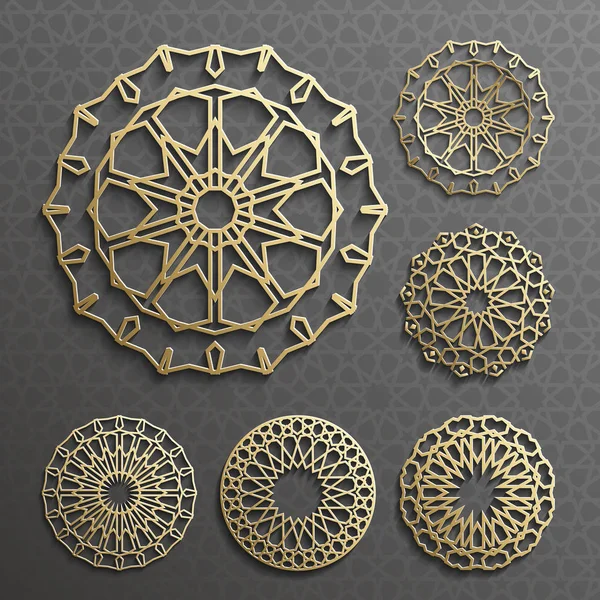 Ισλαμική στολίδι διάνυσμα, Περσικά motiff του. 3D Ραμαζάνι γύρο στοιχεία μοτίβο. Λογότυπο γεωμετρικό πρότυπο σετ. Εγκύκλιος καλλωπιστικών Αραβικά σύμβολα  . — Διανυσματικό Αρχείο