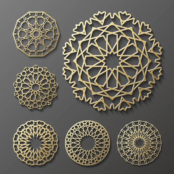 이슬람 장식 벡터, 페르시아어 장식입니다. 3d 라마단 라운드 패턴 요소. 기하학적 로고 템플릿 집합입니다. 원형 장식 아랍어 기호  . — 스톡 벡터