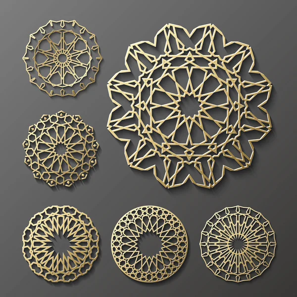이슬람 장식 벡터, 페르시아어 장식입니다. 3d 라마단 라운드 패턴 요소. 기하학적 로고 템플릿 집합입니다. 원형 장식 아랍어 기호  . — 스톡 벡터