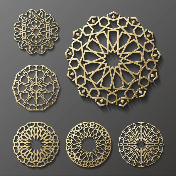 Islamischer Ornamentvektor, persisches Motiv. 3D Ramadan runde Musterelemente. geometrische Logovorlage gesetzt. runde arabische ornamentale Symbole  . — Stockvektor
