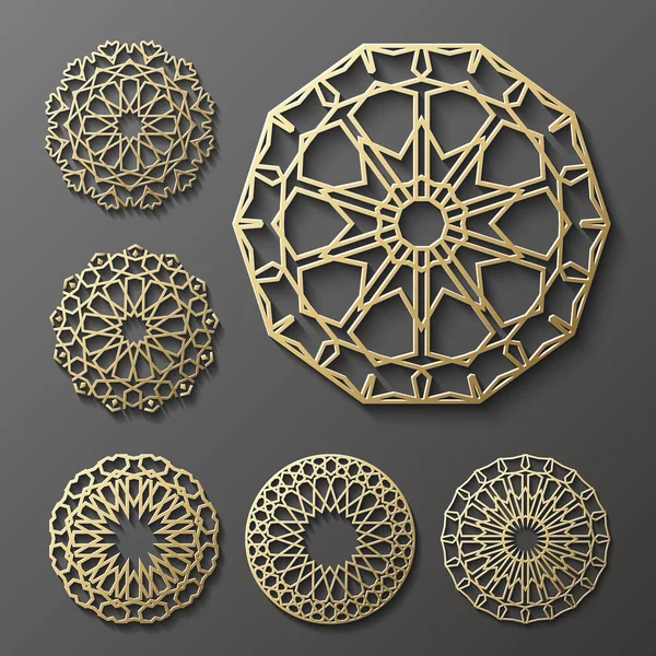Islamic ornament vector , persian motiff . 3d ramadan  round pattern elements . Geometric logo template set. Circular ornamental arabic symbols  . — Stock Vector