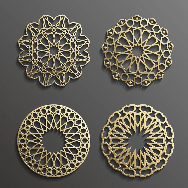 Vettore dell'ornamento islamico, motivo persiano. Elementi 3d ramadan modello rotondo. Set modello logo geometrico. Simboli arabi ornamentali circolari   . — Vettoriale Stock