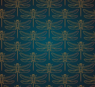 Yusufçuk desen sorunsuz vektör çizim. Böcek desen arka plan altın. Vintage romantik kiremit lüks altın yusufçuk minimalist koyu zarif zemin üzerine. Siyah altın desen.