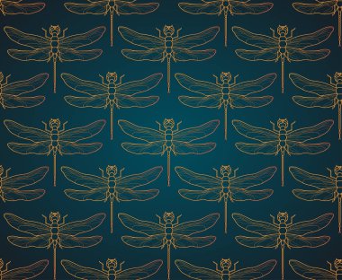 Yusufçuk desen sorunsuz vektör çizim. Böcek desen arka plan altın. Vintage romantik kiremit lüks altın yusufçuk minimalist koyu zarif zemin üzerine. Siyah altın desen.