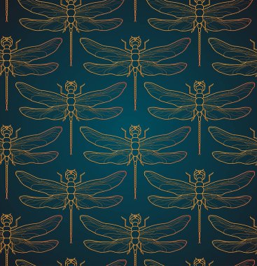 Yusufçuk desen sorunsuz vektör çizim. Böcek desen arka plan altın. Vintage romantik kiremit lüks altın yusufçuk minimalist koyu zarif zemin üzerine. Siyah altın desen.