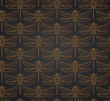 Yusufçuk desen sorunsuz vektör çizim. Böcek desen arka plan altın. Vintage romantik kiremit lüks altın yusufçuk minimalist koyu zarif zemin üzerine. Siyah altın desen.