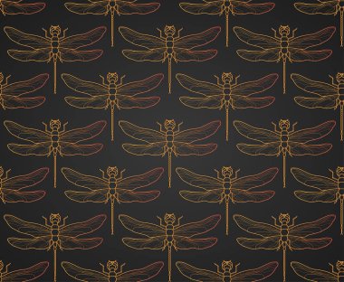 Yusufçuk desen sorunsuz vektör çizim. Böcek desen arka plan altın. Vintage romantik kiremit lüks altın yusufçuk minimalist koyu zarif zemin üzerine. Siyah altın desen.