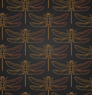 Yusufçuk desen sorunsuz vektör çizim. Böcek desen arka plan altın. Vintage romantik kiremit lüks altın yusufçuk minimalist koyu zarif zemin üzerine. Siyah altın desen.