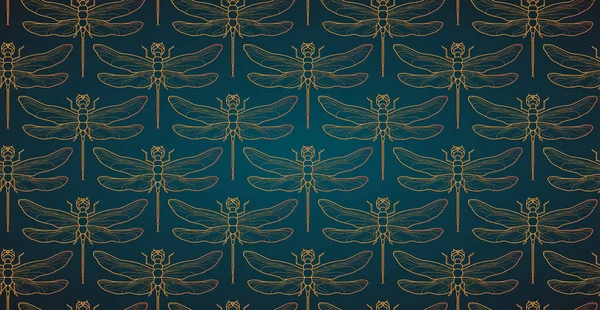 Dragonfly patrón de ilustración de vectores sin costura. Patrón de insectos oro de fondo. Vintage baldosa romántica libélula de oro de lujo sobre fondo minimalista oscuro elegante. Patrón de oro negro . — Vector de stock