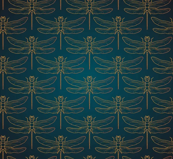 蜻蜓图案无缝矢量图。昆虫图案背景金。复古浪漫瓷砖豪华金色蜻蜓简约深色典雅背景。黑金图案. — 图库矢量图片