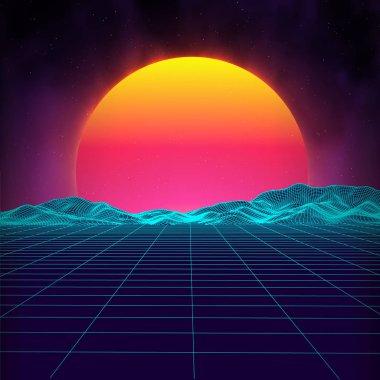 Geçmişe dönük fütüristik manzara 1980 'ler tarzı. Dijital retro peyzaj siber yüzeyi. Retro albüm kapağı şablon güneş, uzay, dağlar. 80 'lerin Retro bilim kurgu arka planı yaz manzarası.