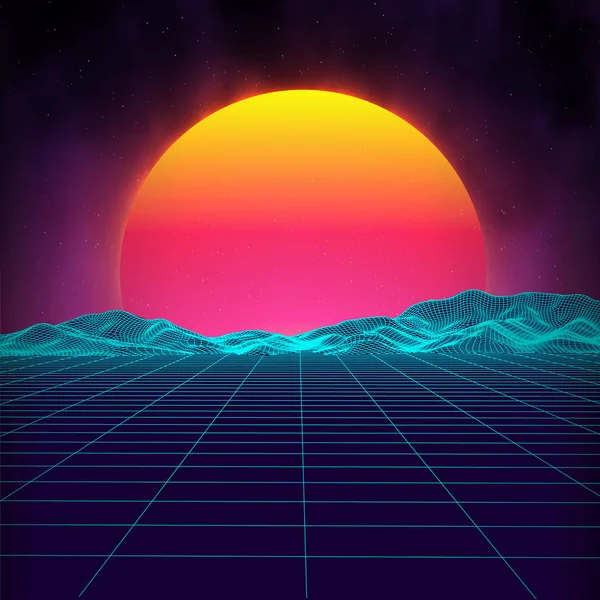 Fundo retro paisagem futurista estilo 1980. Digital superfície cibernética paisagem retro. Capa de álbum de música retro modelo sol, espaço, montanhas. 80s Retro Sci-Fi fundo paisagem de verão. —  Vetores de Stock