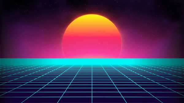 Fondo retro paisaje futurista estilo de los años 80. Superficie cibernética digital de paisaje retro. Retro álbum de música cubierta plantilla sol, espacio, montañas. 80s Retro Sci-Fi fondo paisaje de verano. — Vector de stock