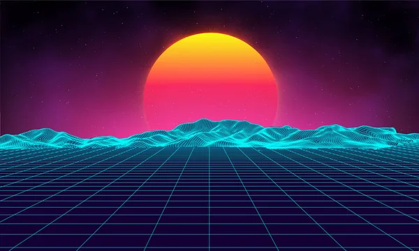 Retro bakgrund futuristiska landskap 1980-talet stil. Digital retro landskap cyber yta. Retro musik skivomslag mall sol, utrymme, berg. 80-talets Retro Sci-Fi bakgrund Sommarlandskap. — Stock vektor