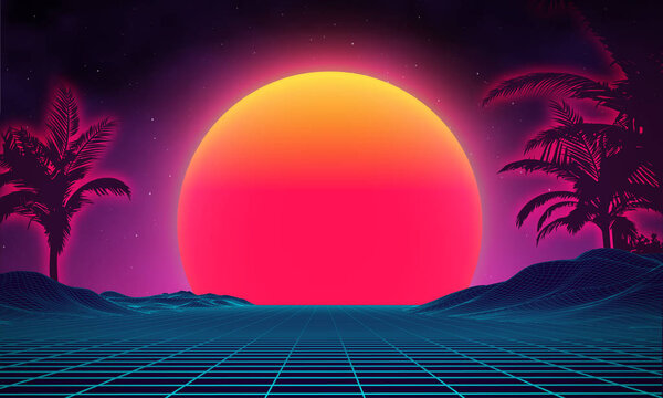 Retro background futuristic landscape 1980s style. Digital retro landscape cyber surface. 80s party background . Retro 80s fashion Sci-Fi Background Summer Landscape.
