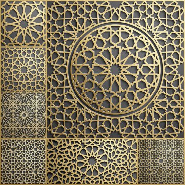 İslam süsleme vektör, Farsça motiff. 3D Ramazan İslam yuvarlak kalıp elemanları. Geometrik dairesel süs Arapça simge vektör. Altın arka plan