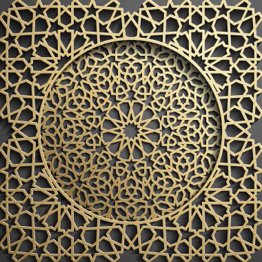 İslam süsleme vektör, Farsça motiff. 3D Ramazan İslam yuvarlak kalıp elemanları. Geometrik dairesel süs Arapça simge vektör. Altın arka plan