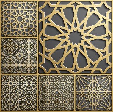 İslam süsleme vektör, Farsça motiff. 3D Ramazan İslam yuvarlak kalıp elemanları. Geometrik dairesel süs Arapça simge vektör. Altın arka plan