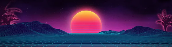 Retro-Hintergrund futuristische Landschaft 1980er Jahre Stil. Digitale Retro-Landschaft Cyber-Oberfläche. 80er Jahre Party-Hintergrund. Retro-80er-Jahre-Mode Sci-Fi-Hintergrund Sommerlandschaft. — Stockvektor