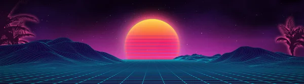 Fondo Retro Paisaje Futurista Estilo Los Años Superficie Cibernética Digital — Archivo Imágenes Vectoriales