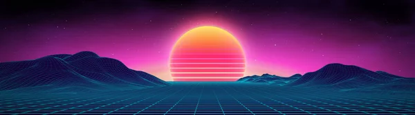 Latar belakang retro futuristik lanskap tahun 1980-an. Digital retro lansekap permukaan cyber. Latar belakang pesta 80-an. Retro 80s fashion Sci-Fi Latar Belakang Summer Landscape. - Stok Vektor