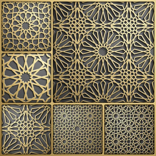 Исламский вектор орнамента, персидский мотив. 3d ramadan islamic round pattern elements. Геометрический круговой орнаментальный арабский символьный вектор. Золотой фон — стоковый вектор