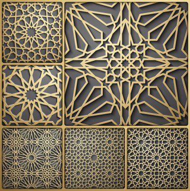 İslam süsleme vektör, Farsça motiff. 3D Ramazan İslam yuvarlak kalıp elemanları. Geometrik dairesel süs Arapça simge vektör. Altın arka plan
