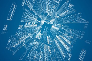 Modern mimari tel kafes. Kentsel tel kafes kavramı. Mimari Cad çizimi bina tel kafes çizim.