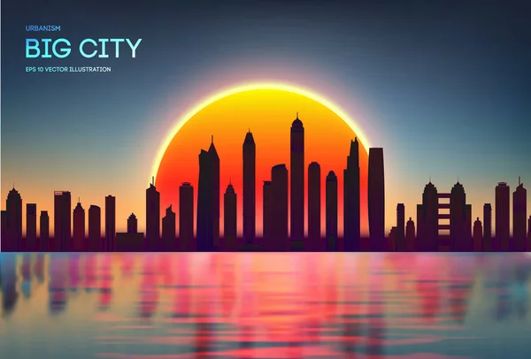 Διάνυσμα πόλη ηλιοβασίλεμα στον ορίζοντα με σύγχρονα κτίρια σιλουέτα. Νύχτα πόλη κόκκινη με αντανάκλαση στο νερό Eps 10. Κόκκινο σκούρο φεγγίτες άνοιξη. Το βράδυ στον ορίζοντα. — Διανυσματικό Αρχείο