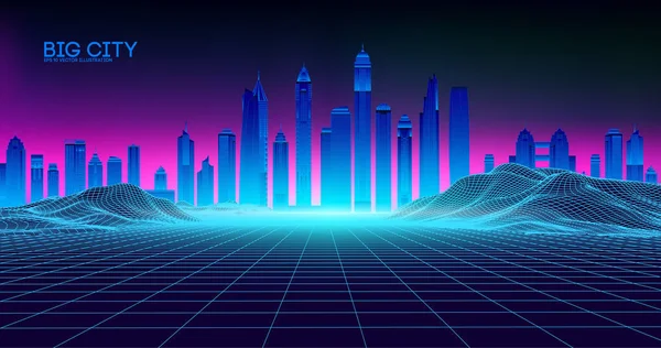 레트로 웨이브 background80s입니다. City80s 미래 복고풍 synth 그림입니다. 비치 포스터 미래 배경입니다. 레트로 레이저 시 사이버 개념입니다. 보라색 밤 하늘 석양과 미래 도시입니다. 파티 벡터 네온 — 스톡 벡터