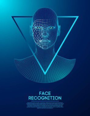 Robot mavi gözler detaylı iris ve öğrenci ile android. Sensör ve yüz kimliği ile yüz tanıma kavramı. 3D tarama.